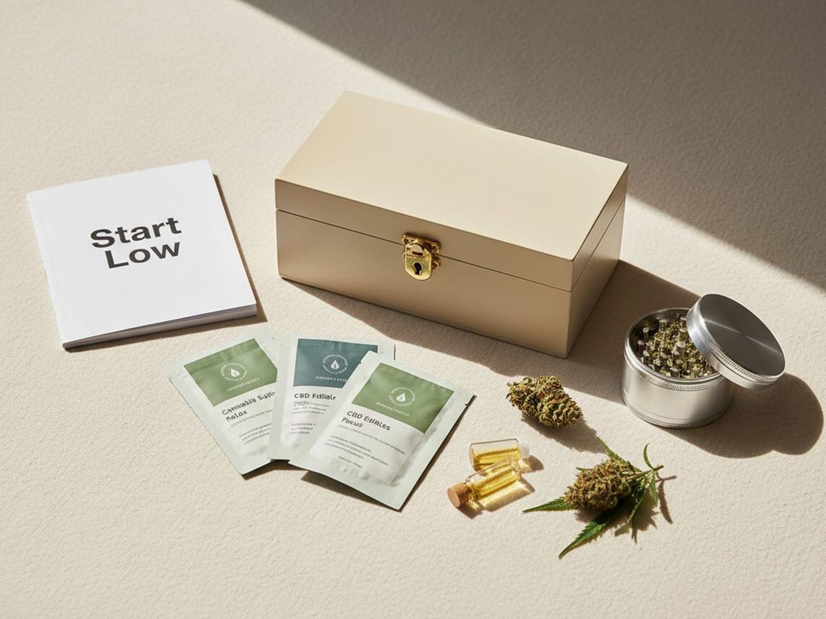 Minimalist flat lay with a locked beige box, 'Start Low' booklet, herbal product packets, and a spoon