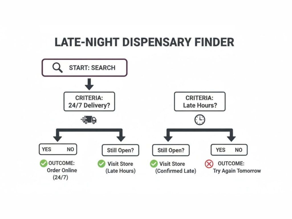 Flowchart for a late-night dispensary finder, illustrating options for 24/7 delivery or late-hour store visits.