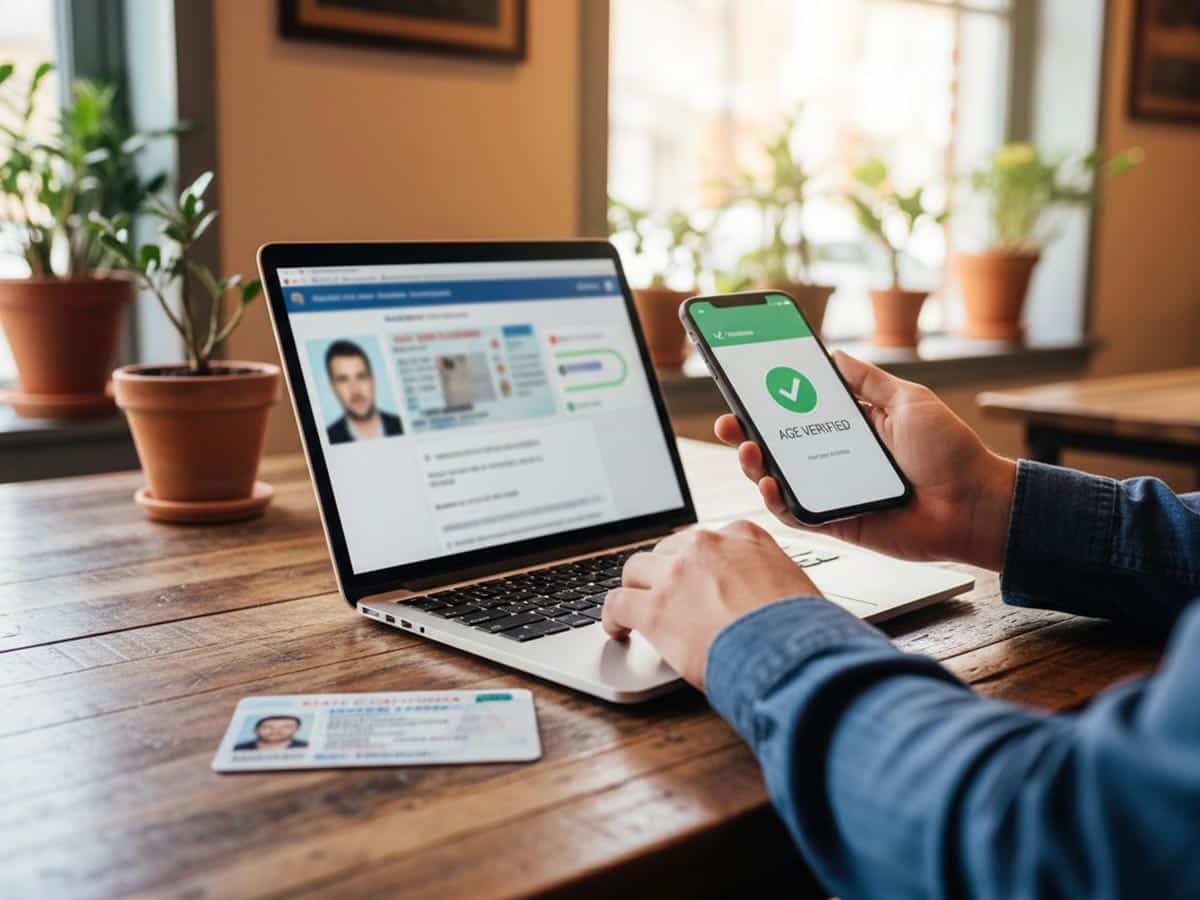 Person verifying age on a smartphone and laptop, with an ID card on a wooden table