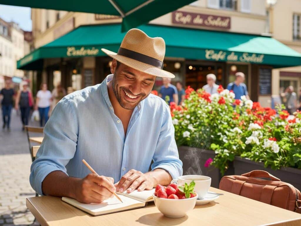 Smiling man sketching in a notebook, enjoying tea and strawberries at a sunny cafe