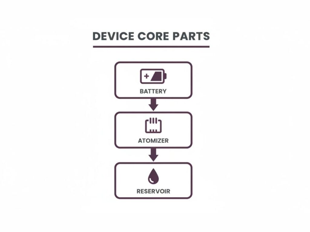 Flowchart illustrating the core parts of a device, including battery, atomizer, and reservoir.