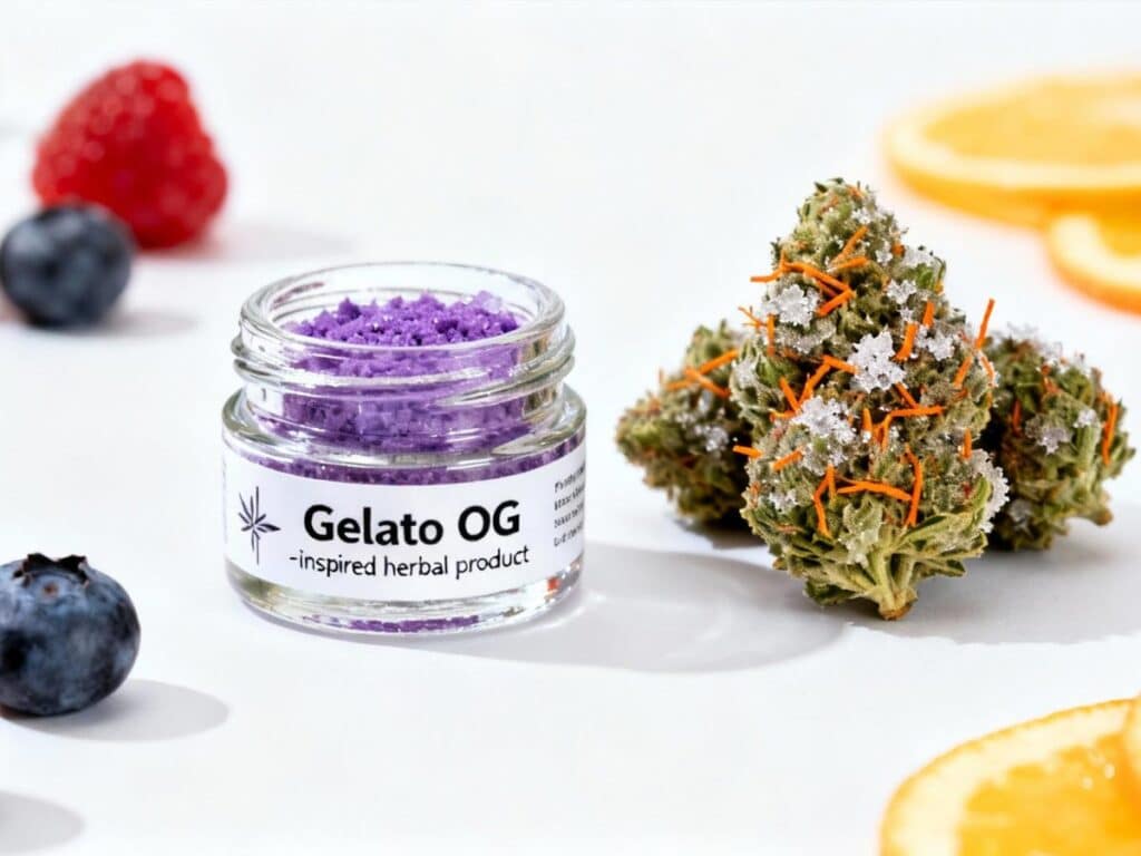Cannabis buds, a 'Gelato OG' jar with purple crystals, and fresh fruits on white.