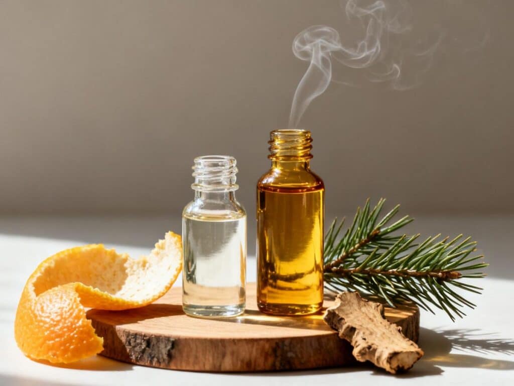 Two bottles of clear and amber cannabis oil with orange peel, pine, and smoke on a wooden board.