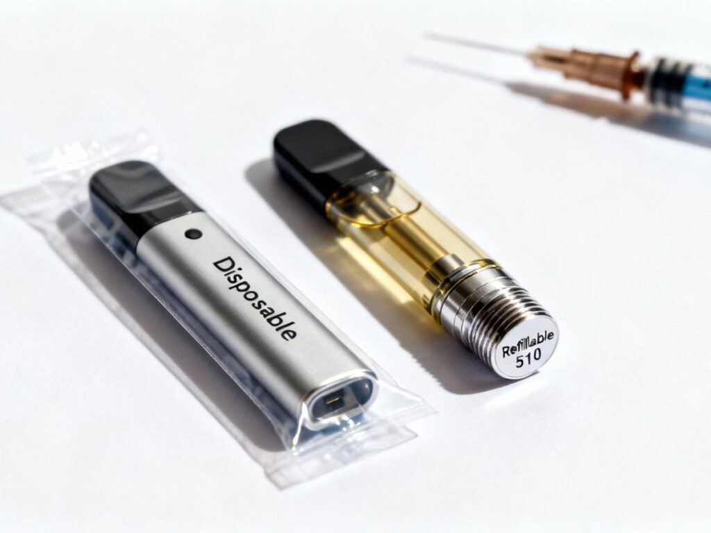 Close-up of a disposable vape pen and a refillable 510 vape cartridge with a syringe.