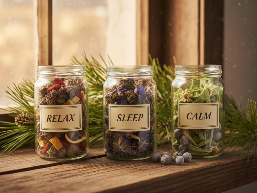 Three jars labeled 'Relax', 'Sleep', 'Calm' with dried cannabis herbs, berries, and a pine branch on a wooden shelf.
