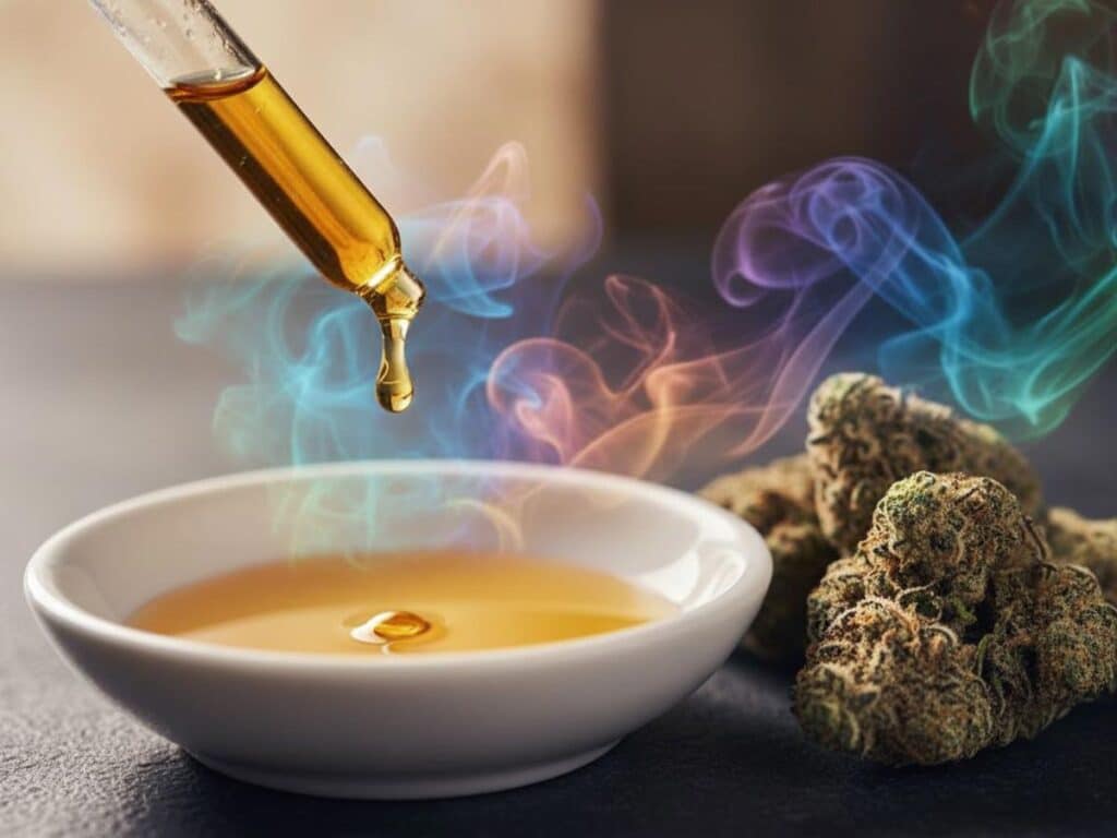 A dropper dispensing golden oil into a white dish next to frosted cannabis flowers with colorful smoke.