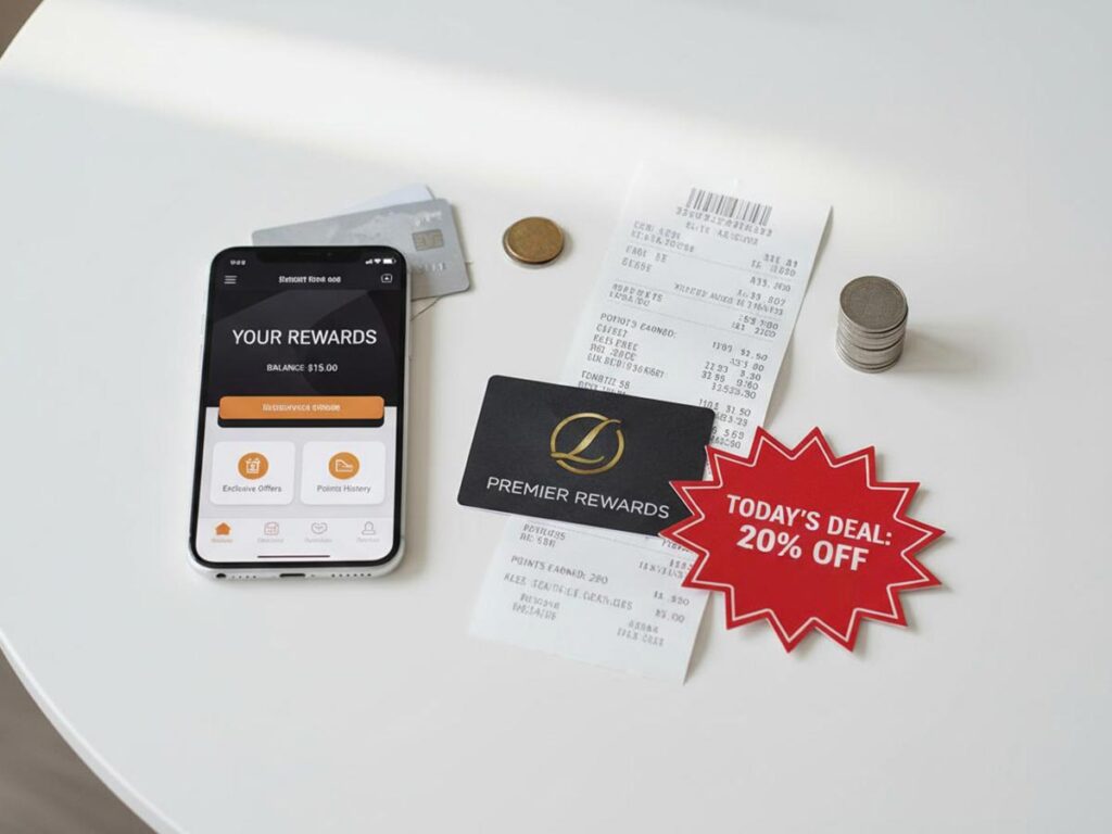 Loyalty card, receipt, smartphone app with rewards, and a "Today's Deal" tag for shopping.