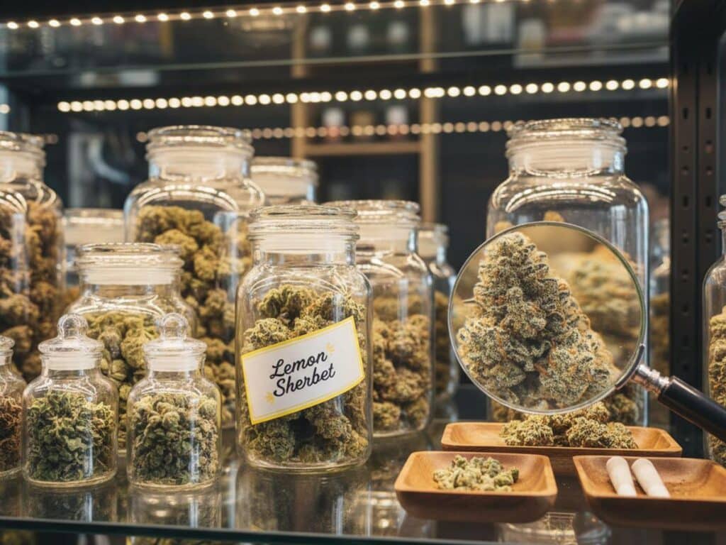 Cannabis dispensary display featuring jars of buds, 'Lemon Sherbet' product, and a magnifying glass on a frosty bud.