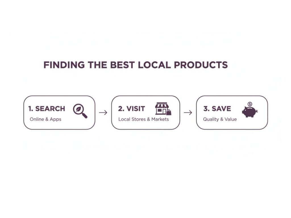 A three-step diagram outlining how to find, visit, and save on the best local products.