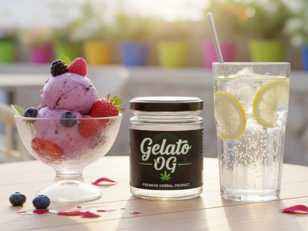 A scoop of gelato, mixed berries, a Gelato OG herbal product jar, and sparkling water with lemon