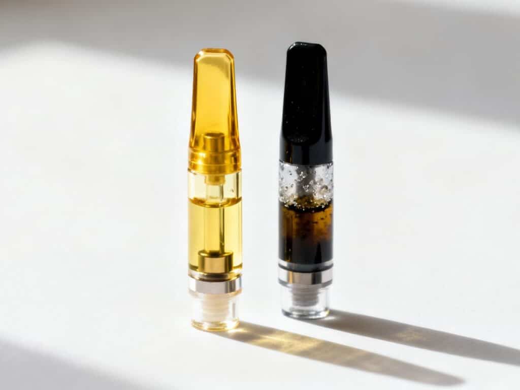 Two vape cartridges with different color liquids, yellow and dark, casting shadows on a white surface.