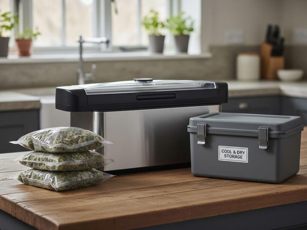 Herbal storage setup with dried Lonicerae, packaged teas, and rosemary-infused honey on a tray.