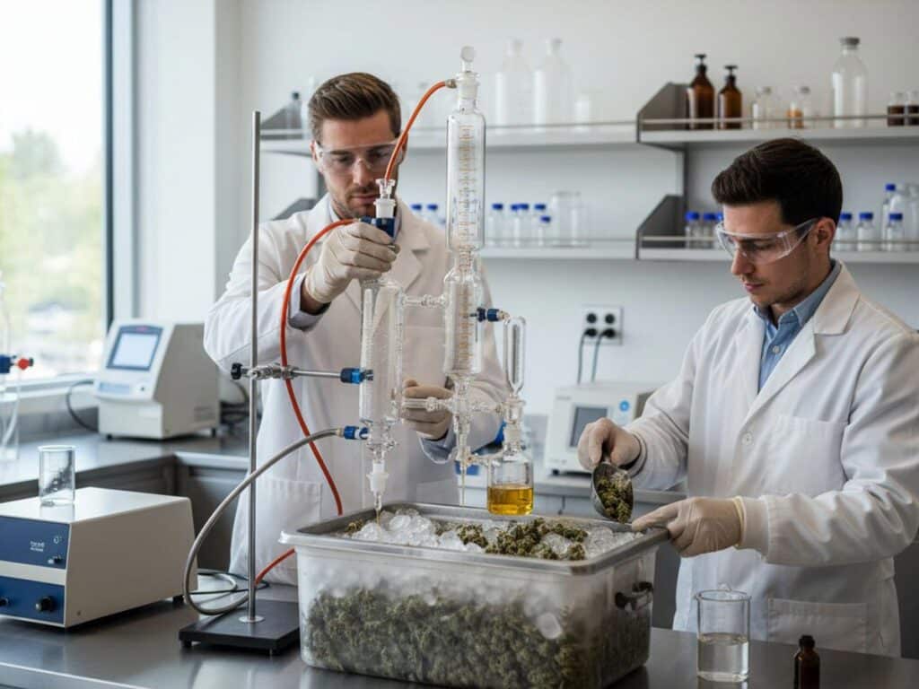 Laboratory workers extract essential oils from cannabis buds on ice using distillation apparatus.