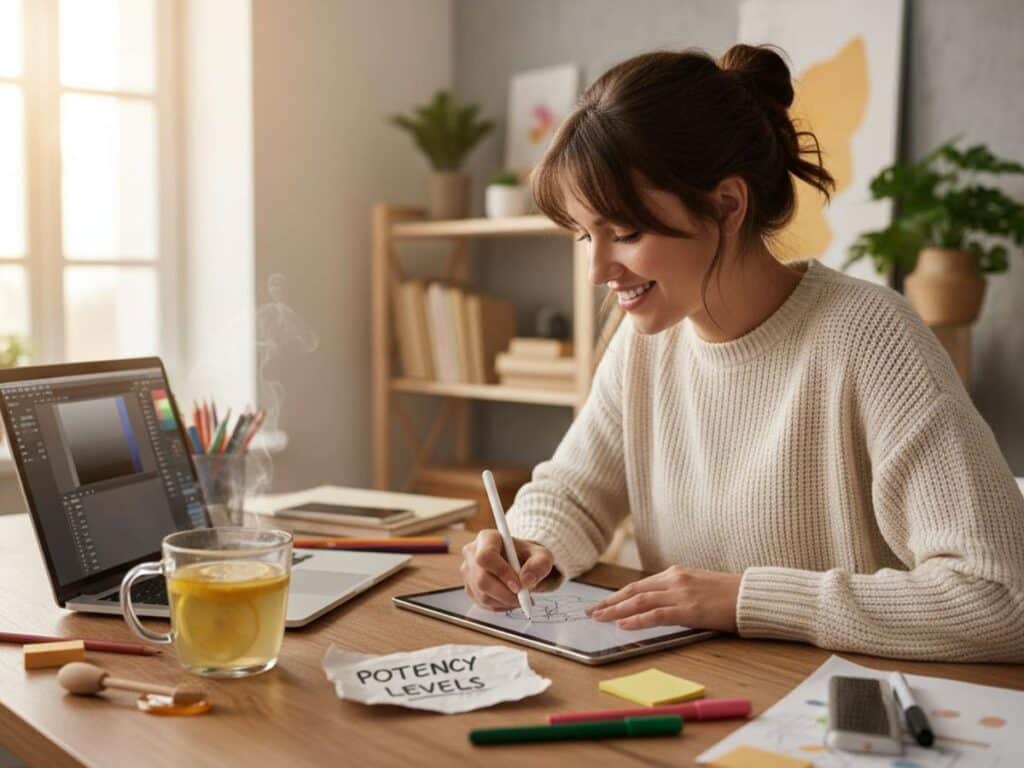 Smiling woman drawing at a desk with a laptop, lemon tea, and 'potency levels' note.