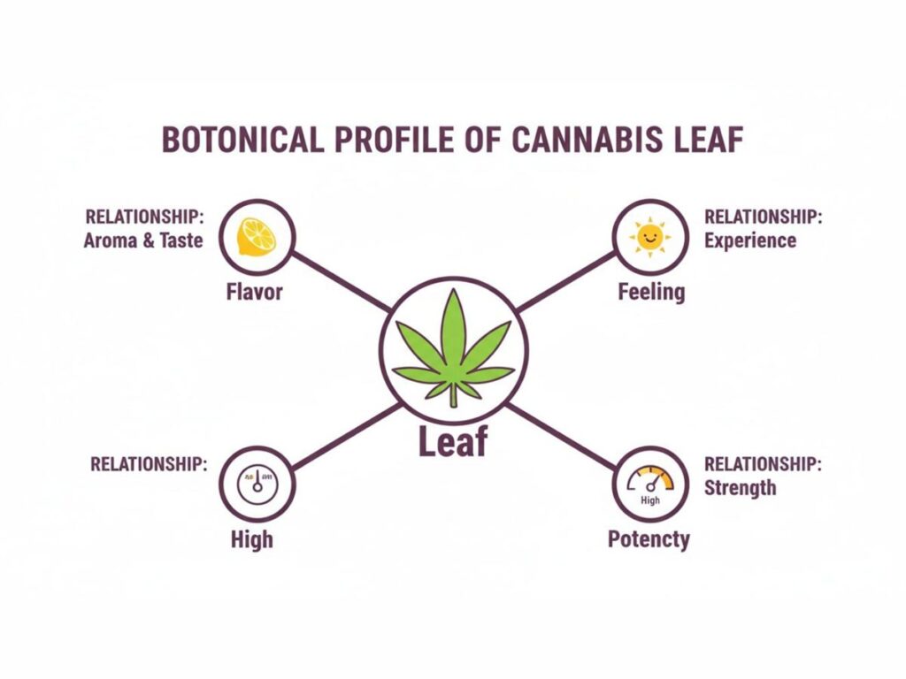 Diagram illustrating the botanical profile of a cannabis leaf, showing its relationships to flavor, feeling, potency, and high.