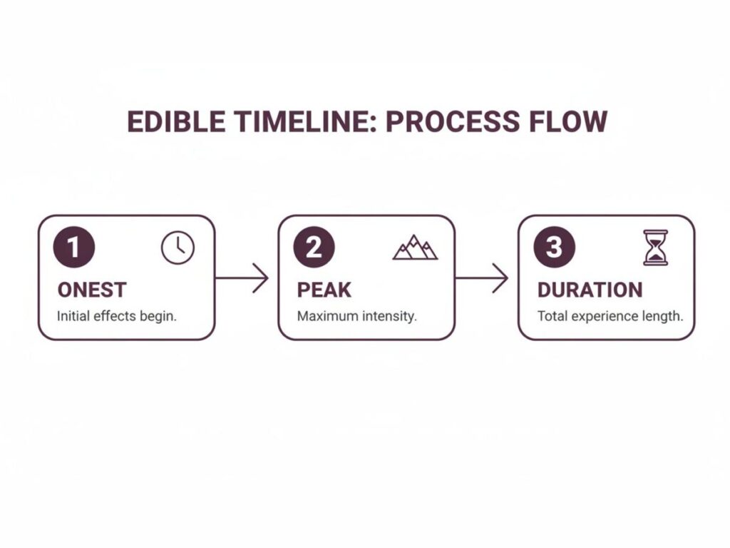 Flowchart illustrating the edible timeline: onset, peak, and duration, detailing initial effects to total experience length.