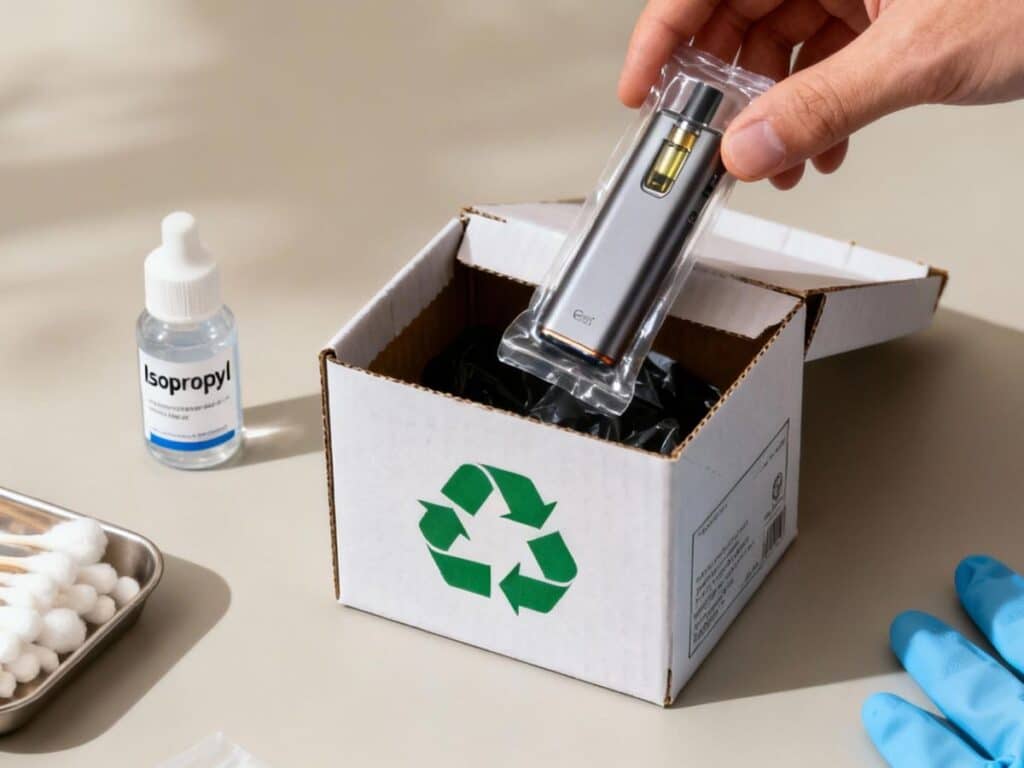 A hand places a packaged vape device into a recycling box, with isopropyl alcohol and cotton swabs nearby.