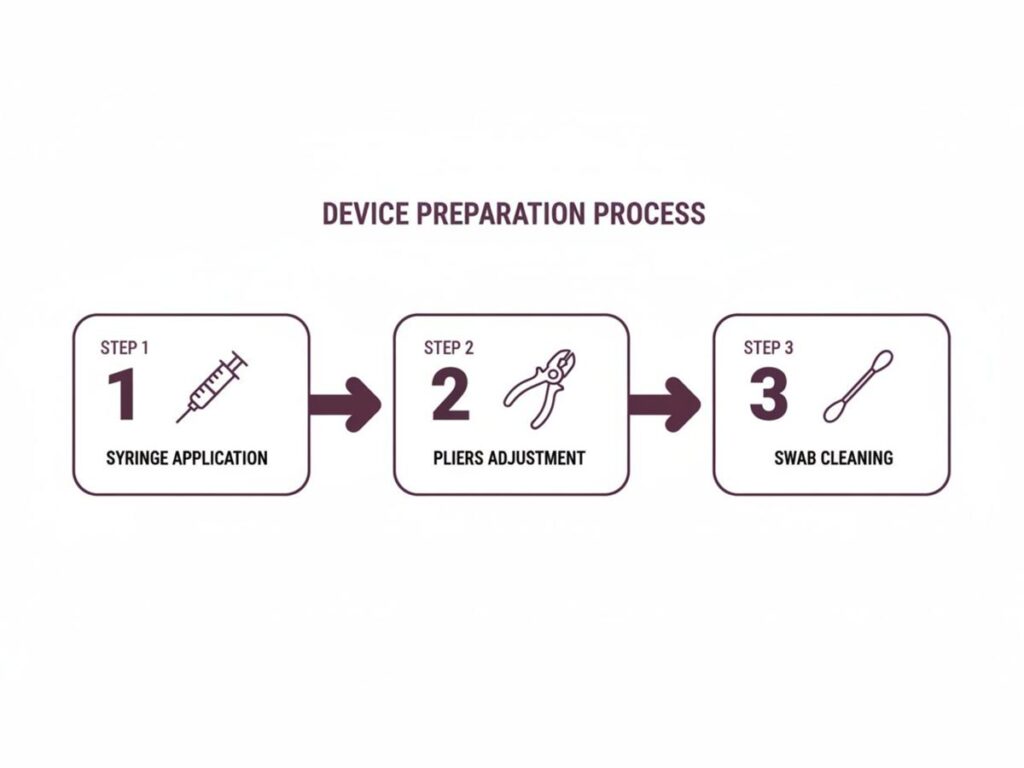 A three-step diagram illustrates a device preparation process: syringe application, pliers adjustment, and swab cleaning.