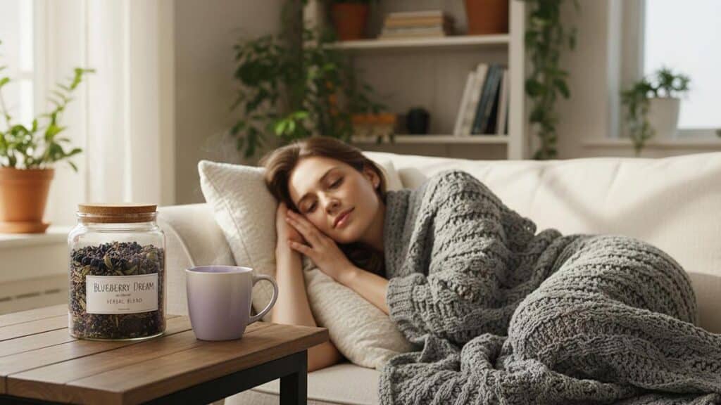 A woman sleeps peacefully on a sofa with a blanket, next to a jar of blueberry cannabis blend.