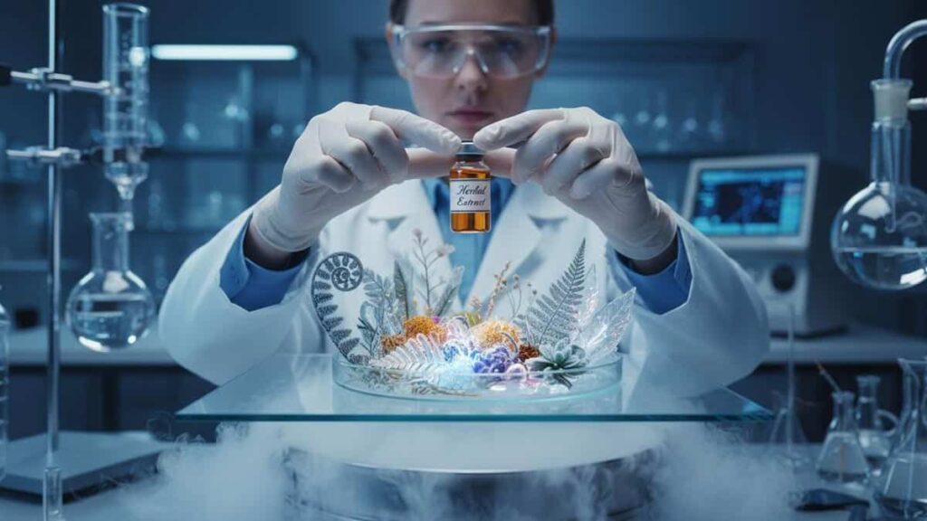 A scientist holding a vial of 'Herbal Extract' above frozen botanicals in a lab.