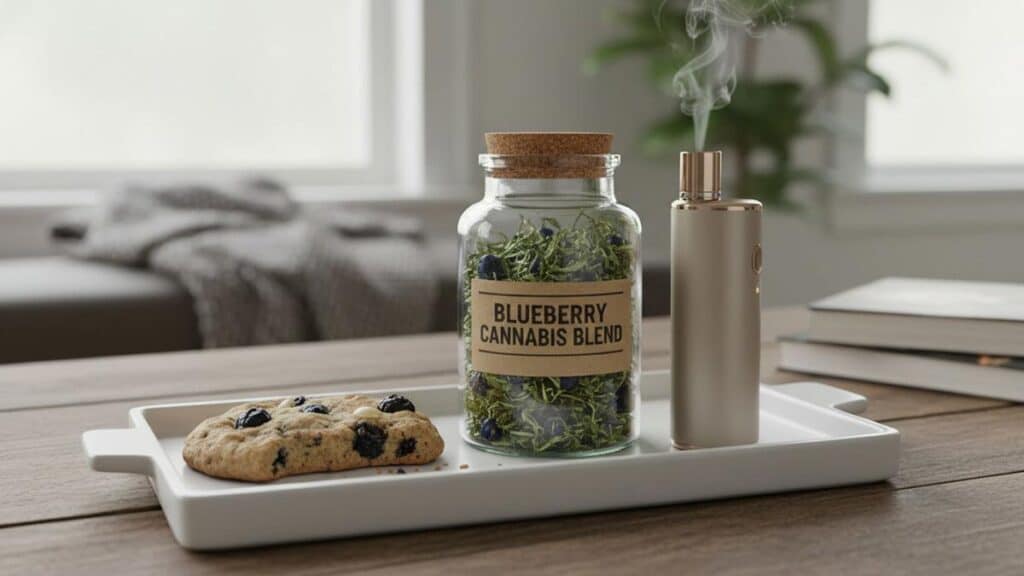 A white tray holds a blueberry cookie, a jar of "blueberry herbal blend", and a beige electronic device.
