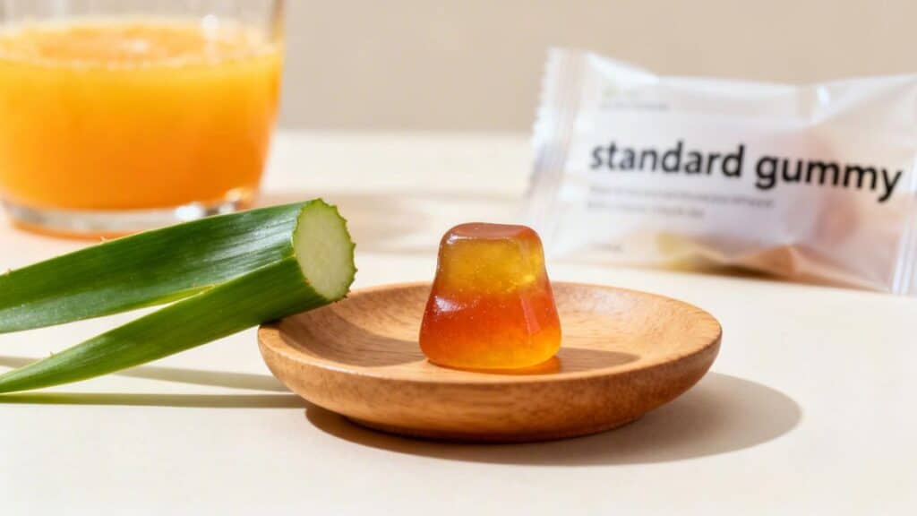 A two-toned gummy on a wooden saucer, next to an aloe vera leaf and orange juice.