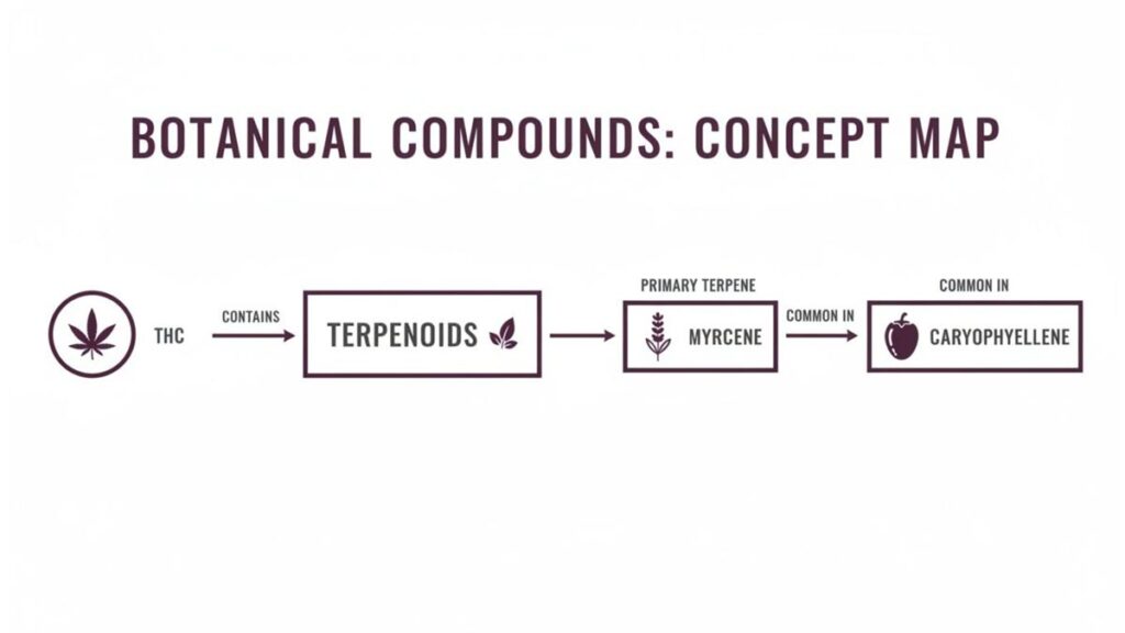 A concept map showing botanical compounds: THC contains Terpenoids, Myrcene is a primary terpene, and Caryophyllene is common in pepper.