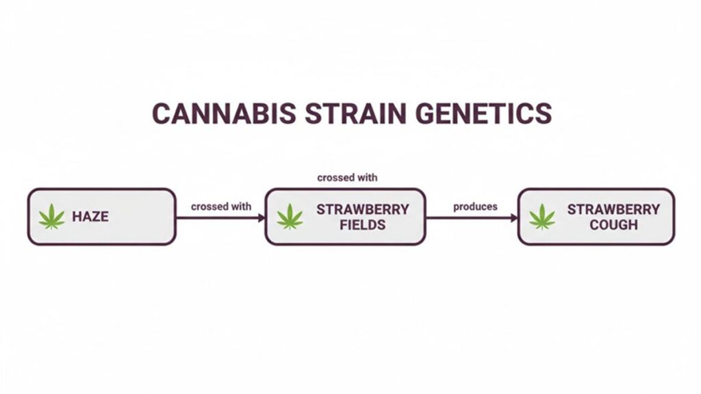 Diagram illustrating cannabis strain genetics: Haze crossed with Strawberry Fields produces Strawberry Cough.