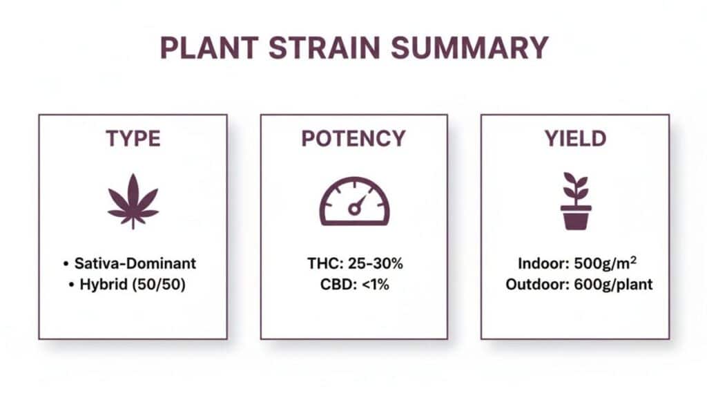 Summary of plant strain characteristics, including type, potency (THC/CBD), and cultivation yield.