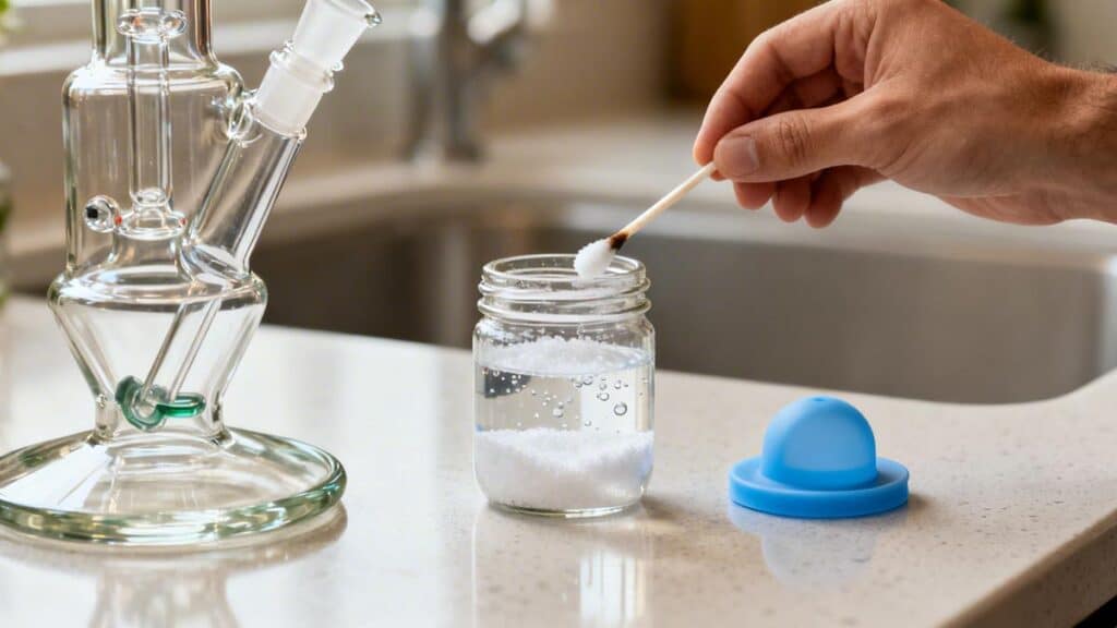 A hand dips a cotton swab into a jar with cleaning solution next to a glass dab rig.