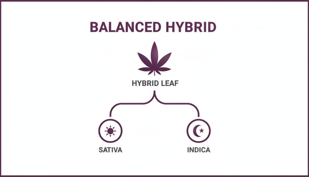 Diagram illustrating a balanced hybrid cannabis strain, showing it's a mix of Sativa and Indica types.