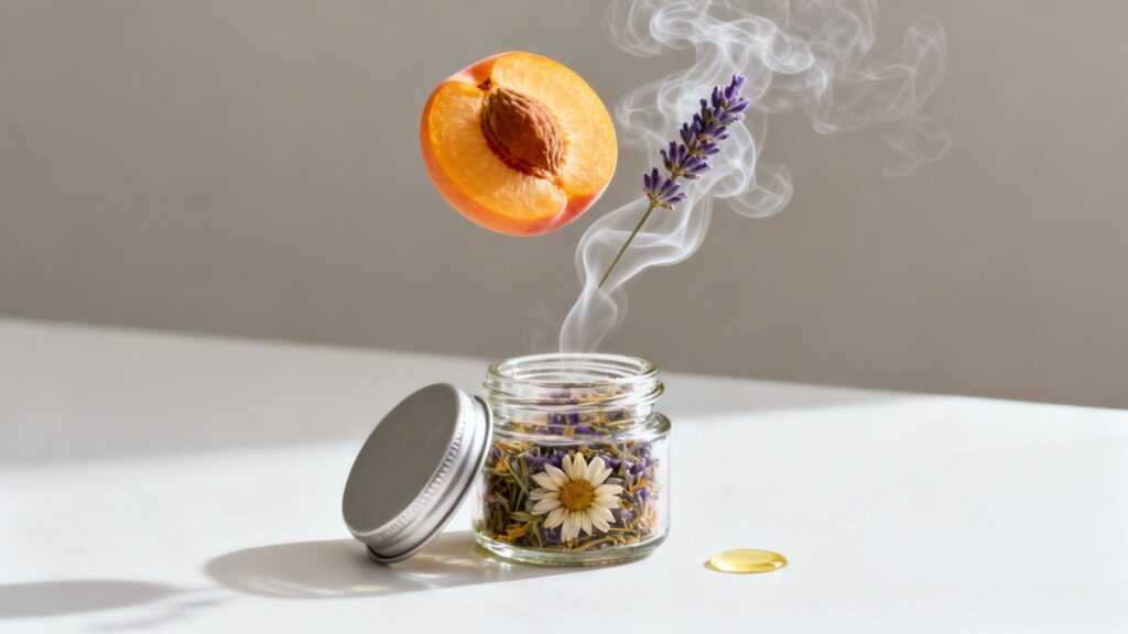 Natural ingredients for beauty: a jar of dried flowers, a lavender sprig, and a floating apricot half.