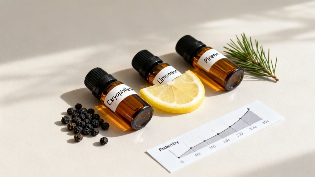 Three essential oil bottles labeled Caryophyllene, Limonene, Pinene, with lemon, pine, and peppercorns.