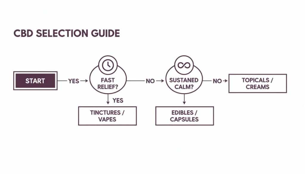 A CBD selection guide flowchart showing product recommendations based on desired relief type.
