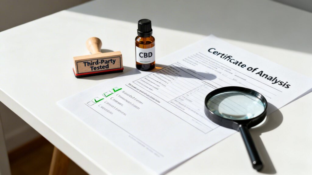 CBD oil bottle, 'Third-Party Tested' stamp, Certificate of Analysis, and magnifying glass on a desk.