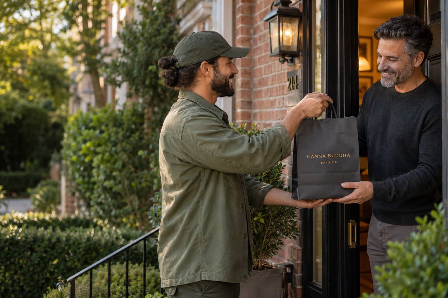 Canna Buddha Bayside driver handing a sealed delivery bag to a customer at their door in Queens